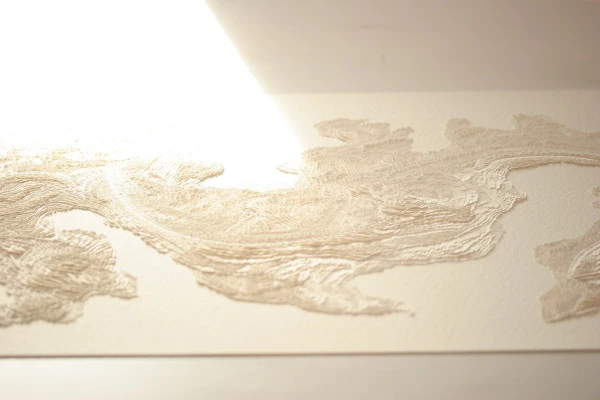 Accueil Bas-reliefs papiers sculptés monochrome blanc, éclairé par un rayon de soleil délicat, révélant les textures incisées et le jeu subtil d