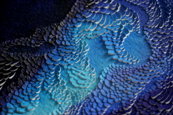 Accueil Peinture sculptée sur bas-relief papier incisé. Œuvre aux tons bleu indigo et noir, inspirée des abysses et des fonds marins. Le rendu organique des écailles souligne le volume de cette sculpture contemporaine. Bas-reliefs papier sculpté par l